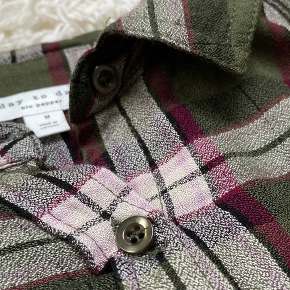 🎉HP🎉 Blue Pepper Day to Day Button Down Plaid Shirt 💗 Olive Cranberry White - Picture 9 of 14